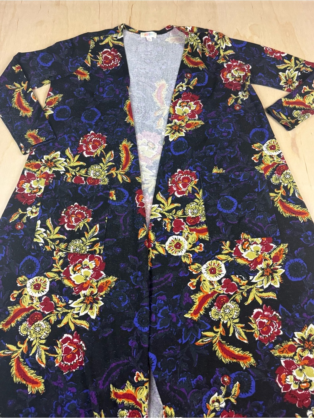 LuLaRoe Black Floral Sarah Open-Front Cardigan with Red, Yellow & Blue Accents
